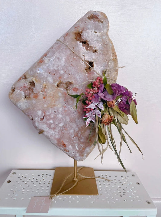 Pink Amethyst Druze On Gold Stand